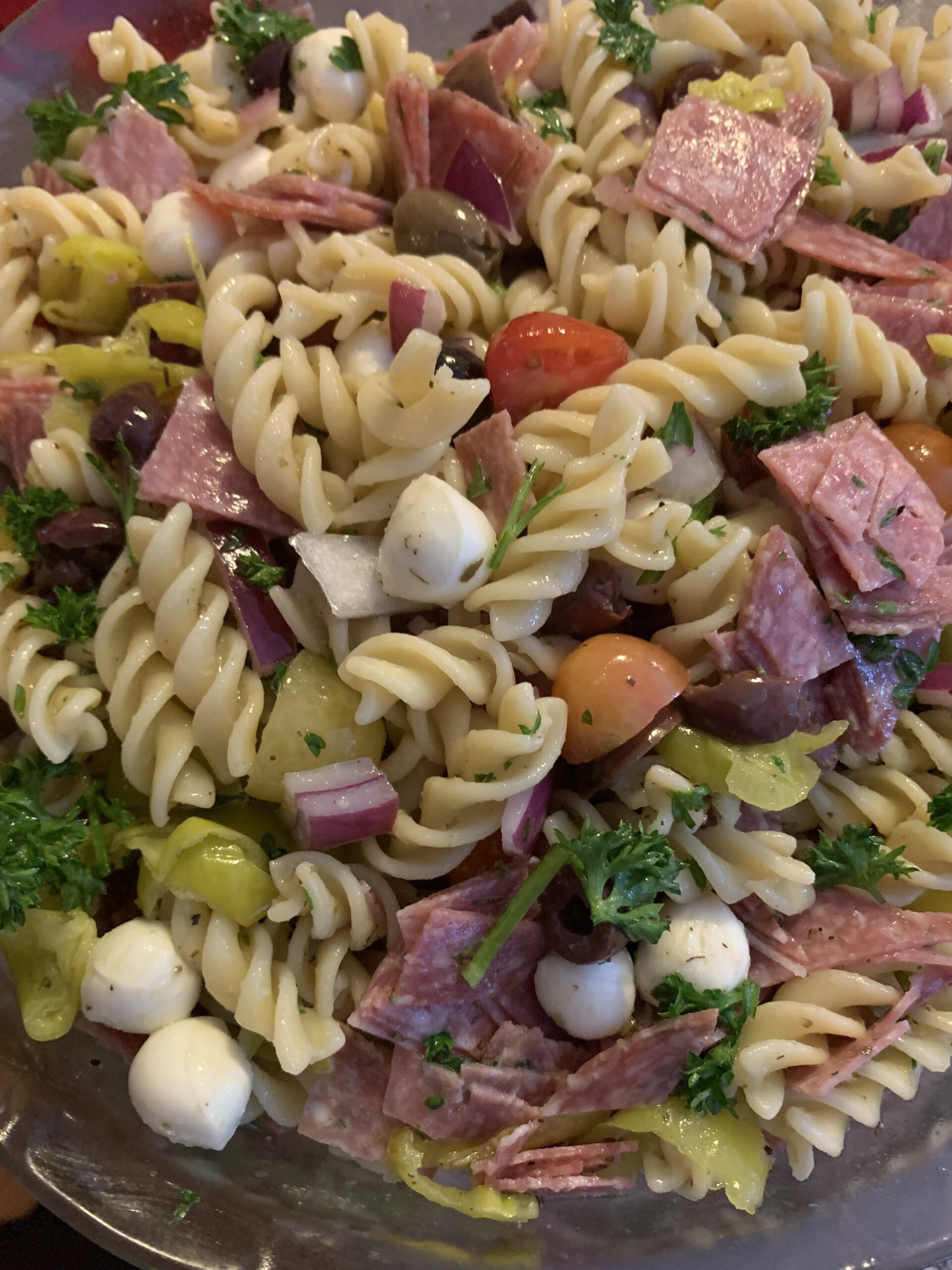 Pasta salad in a glass bowl