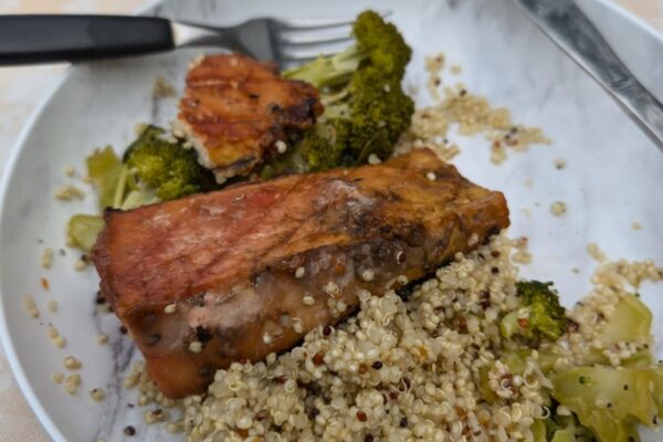 Plate with Vegan Salmon, Broccoli, and Couscous