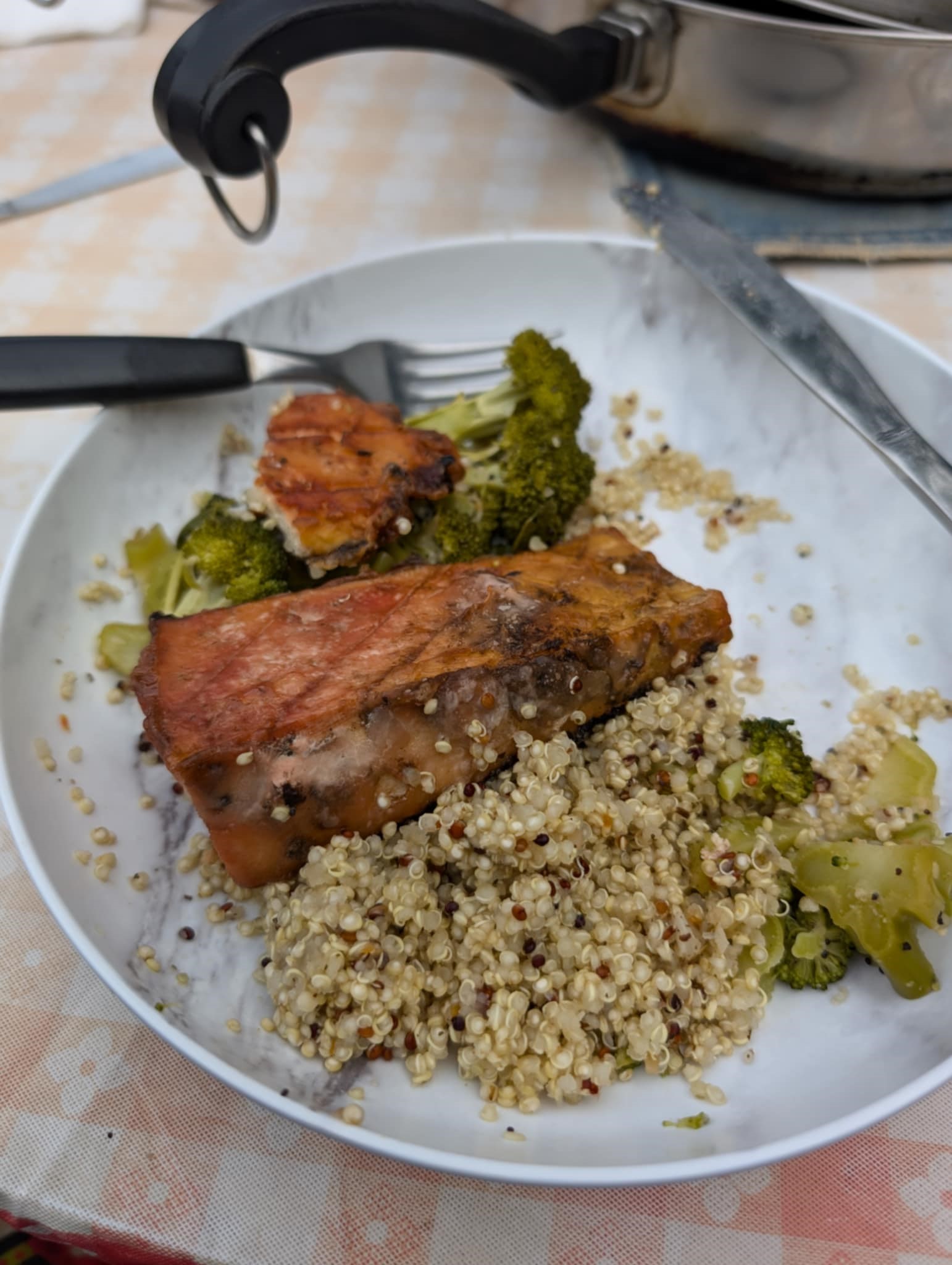 Plate with Vegan Salmon, Broccoli, and Couscous